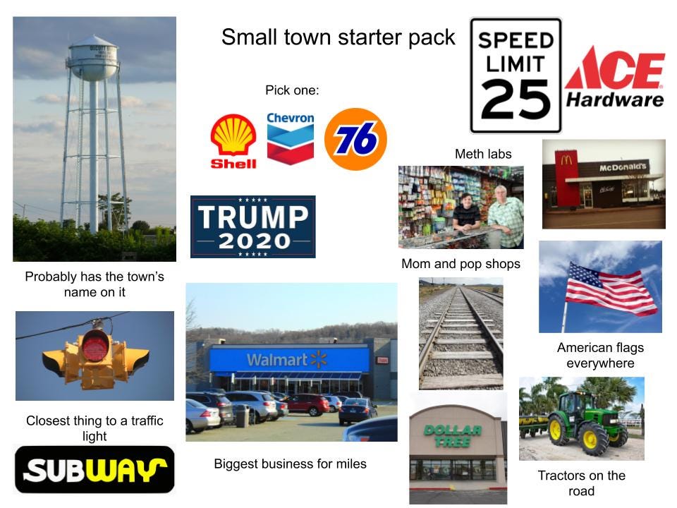 Images that bring small towns to mind, like hardware stores, dollar stores, Walmart, American flag, railroad tracks, dollar store, 25 MPH speed limit signs, all captioned "Small Town Starter Pack"