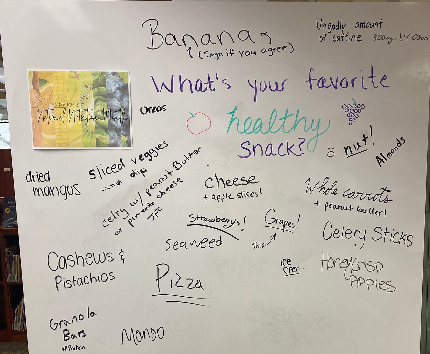 Photo of a dry erase board featuring responses to the prompt, What's your favorite healthy snack? for National Nutrition Month.