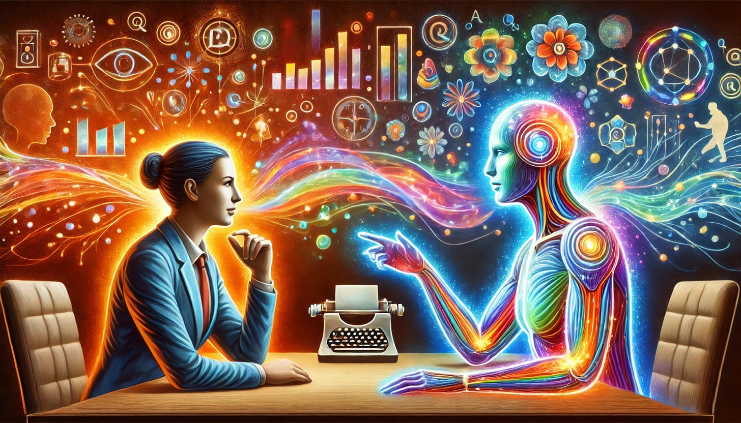 SECOND IMAGE: A vibrant illustration showing a person in business attire sitting at a table across from a luminous, rainbow-colored AI figure. Between them is a typewriter, but the focus is on their interaction, with colorful waves and symbols flowing between them, representing an exchange of ideas and creativity.