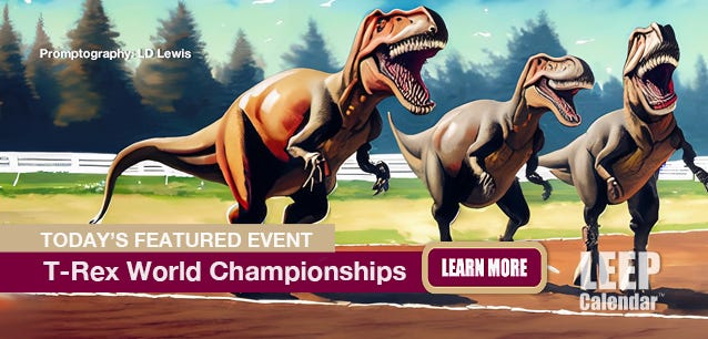 The T-Rex World Championship features people wearing inflatable T-Rex costumes in a running competition.