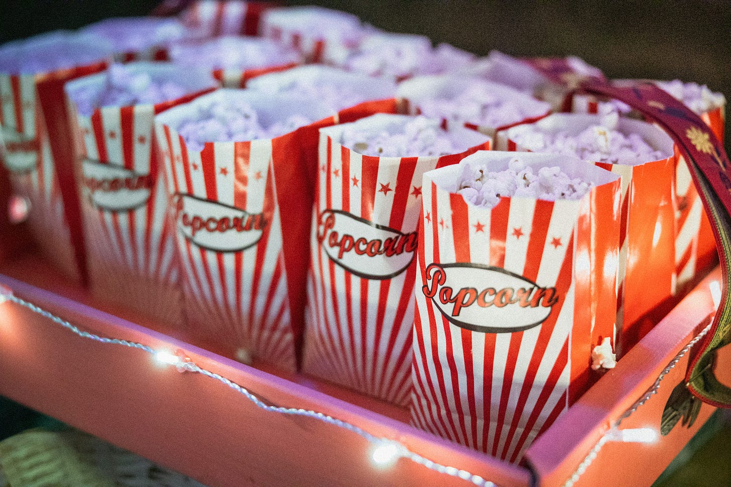 Tray of striped popcorn bags