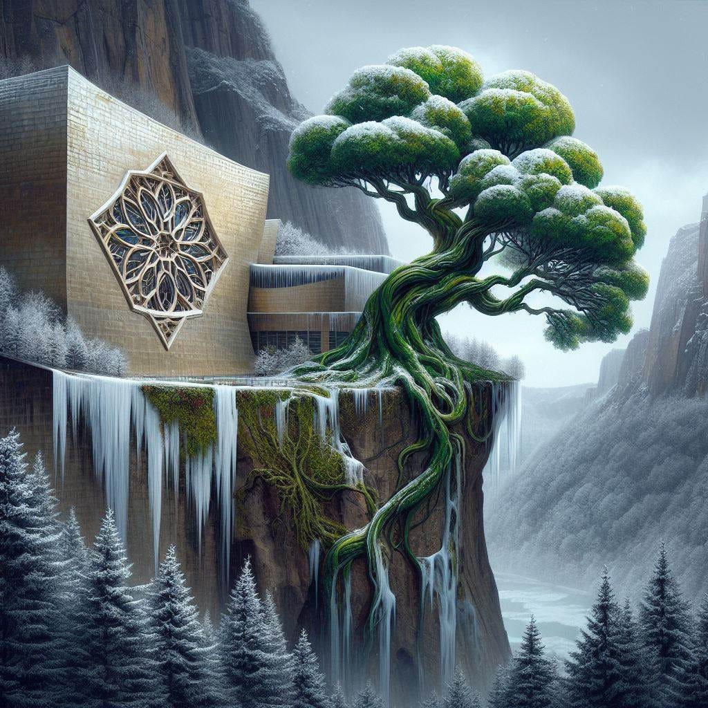 Hyper-realistic; tilt shift; mother earth tree on edge of cliff  with merging Quatrefoil on wall: mother earth tree with white Gothic Tracery: Guggenheim Museum Bilbao. chunky oil painting scrapes of natural coloration,leeping ice dragon Classic Green European dragon blending in with frozen greenery; partly obscured by frozen trees. Guggenheim Museum Bilbao. .  