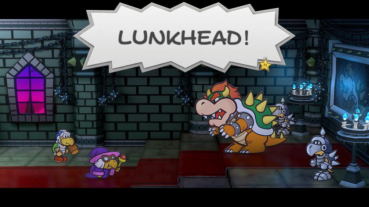 Bowser shouts “LUNKHEAD!” at his Koopa minions, who are lunkheads, in Paper Mario: The Thousand-Year Door