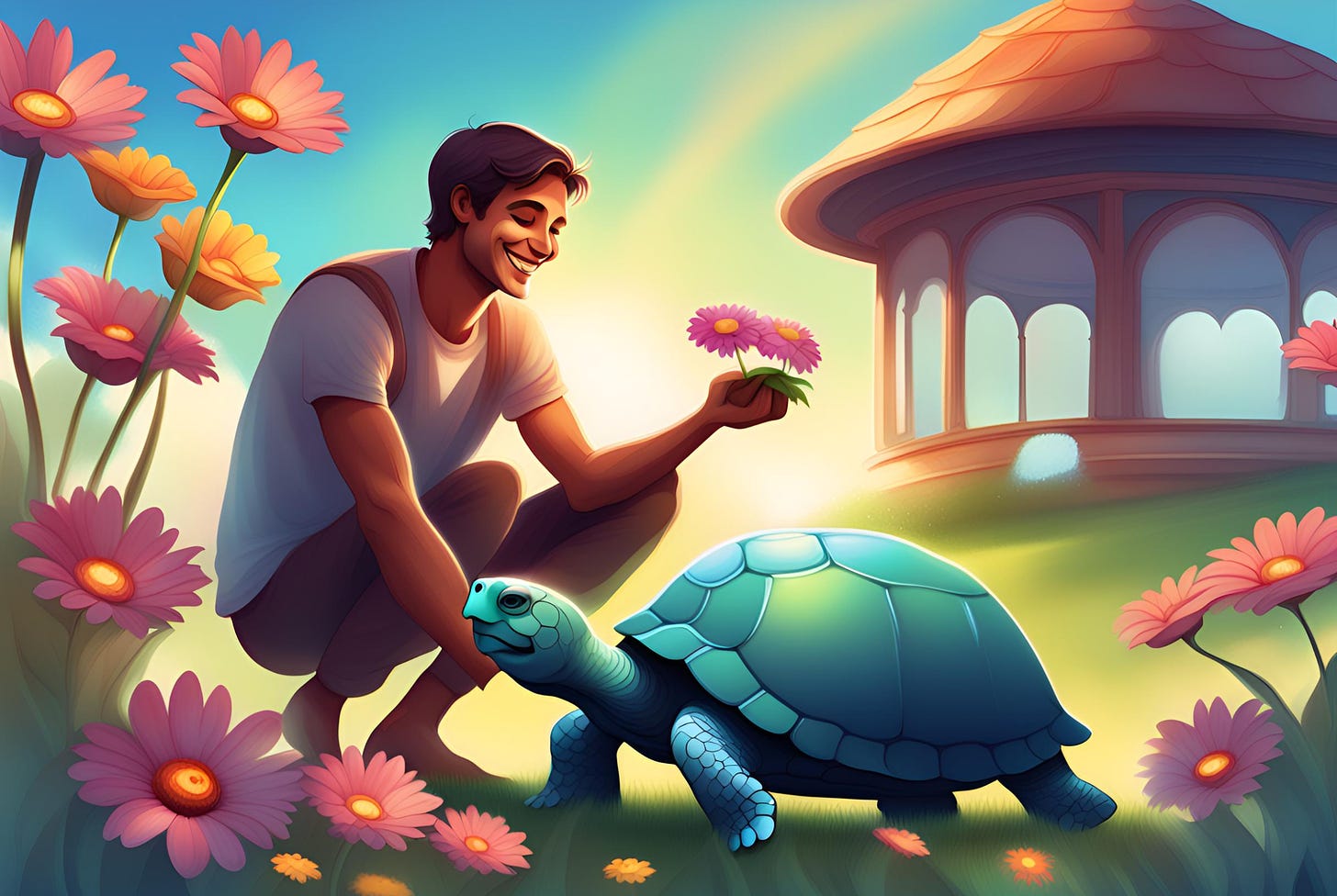 Illustration of a smiling man picking daisies on a sunny day with a turtle nearby