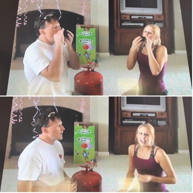 Screenshots from a home video of the author and her father singing after sucking down helium.