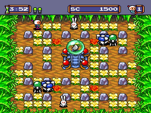 A screenshot from Jammin' Jungle in Bomberman '94, featuring a much brighter environment than the one in the same stage on the Genesis' Mega Bomberman