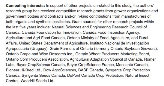 Competing interests: In support of other projects unrelated to this study, the authors' research group has received competitive research grants from grower organizations and government bodies and contracts and/or in-kind contributions from manufacturers of both organic and synthetic pesticides. Grant sources for other research projects within the last five years include: Natural Sciences and Engineering Research Council of Canada, Canada Foundation for Innovation, Canada Food Inspection Agency, Agriculture and Agri-Food Canada, Ontario Ministry of Food, Agriculture, and Rural Affairs, United States Department of Agriculture, Instituto Nacional de Investigación Agropecuaria (Uruguay), Grain Farmers of Ontario (formerly Ontario Soybean Growers), Ontario Grape and Wine Research Inc., Ontario Wheat Producers Marketing Board, Ontario Corn Producers Association, Agricultural Adaptation Council of Canada, Romer Labs, Bayer CropScience Canada, Bayer CropScience France, Monsanto Canada, Pioneer Hi-Bred Ltd., Dow AgroSciences, BASF Canada, Syngenta Crop Protection Canada, Syngenta Seeds Canada, DuPont Canada Crop Protection, Natural Insect Control, Woodrill Seeds Ltd.