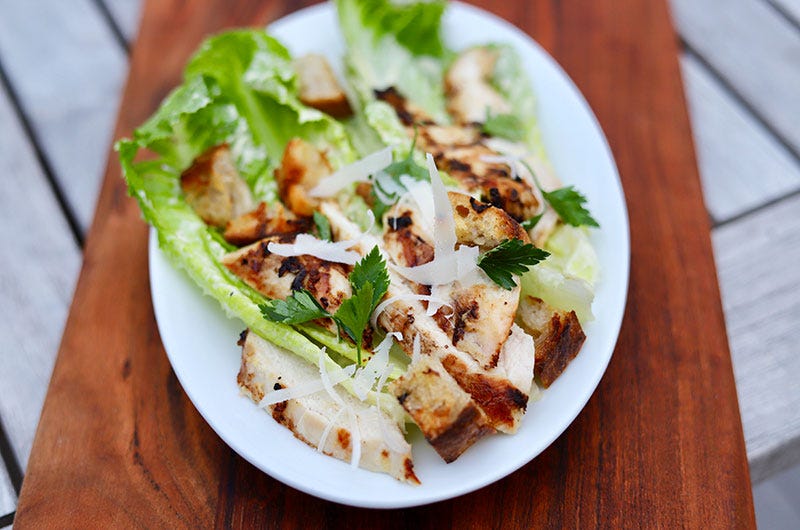 Lemony Caesar Salad with Grilled Croutons and Grilled Mayonnaise Mustard Chicken, Cook the Vineyard