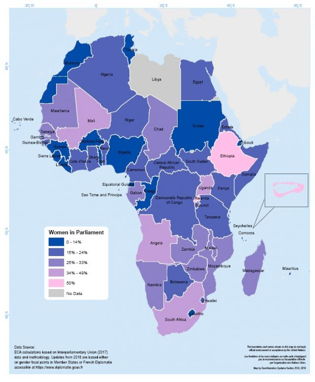 Map of Africa showing the percentage of women in Parliament.  It ranges from nearly zero in Sudan and Nigeria to 50% in Ethiopia and Rwanda