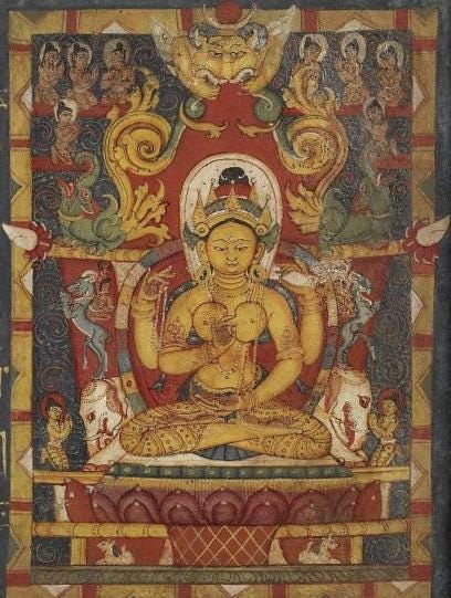 Fichier:Art of Tibet detail, Bodhisattva as the personification of the text of Prajnaparamita (the Perfection of Wisdom) 13th century manuscript- Walters W8561 (2) (cropped).jpg