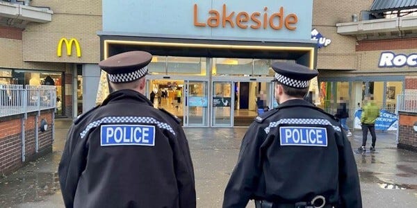 Two officers on patrol outside Lakeside Shopping Centre in Thurrock