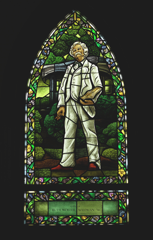 Stained-glass window of Elmira, NY native, Samuel Clemens (aka Mark Twain) Stained-glass window of Elmira, NY native, Samuel Clemens (aka Mark Twain)