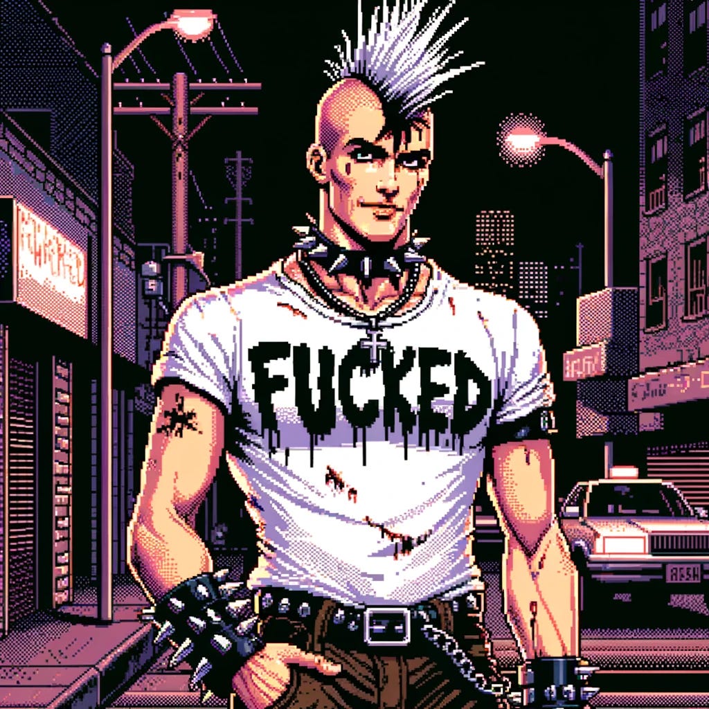 Create an image in the style of a low-resolution 16-bit Neo-Geo SNK game, featuring a vaguely punk character wearing the white t-shirt with "FUCKED" in uneven black text. The character has a rebellious, edgy appearance typical of punk style, with a mohawk or spiked hair, leather accessories, and a defiant posture. The background is a gritty Los Angeles street scene, reminiscent of classic 90s arcade games, with pixelated buildings, streetlights, and a dusky, urban atmosphere.