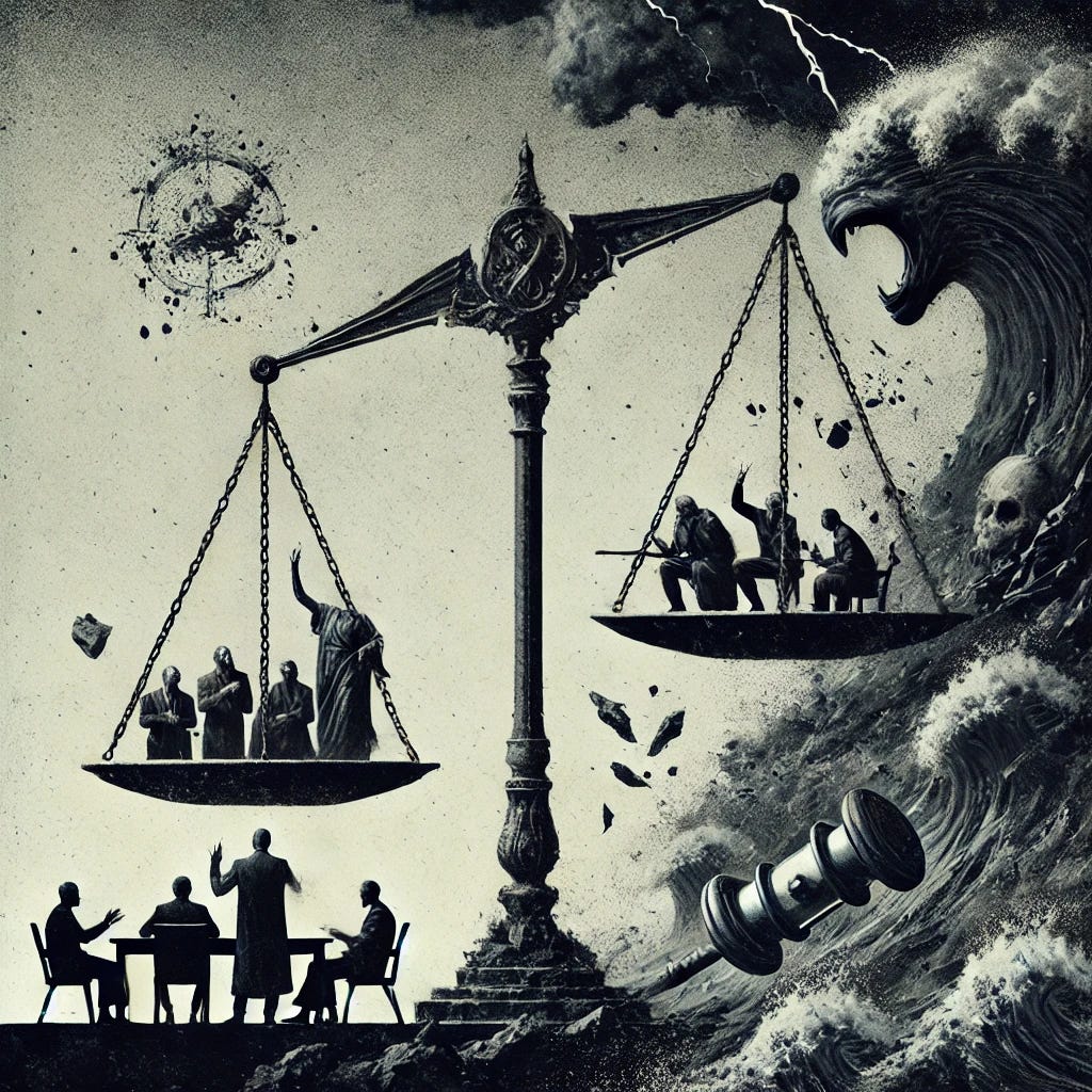 A dark and brooding artistic rendering of the themes from the symposium on criminal justice interventions, with a focus on nihilism and systemic failure. The central image remains a large, symbolic balance scale, but it is crumbling, with one side weighed down by fragmented social programs and the other side engulfed by ominous tidal waves representing structural forces. The figures debating around the scale are now shadowy and despondent, depicted in muted, somber tones, with despair evident in their postures. The background is stark, featuring stormy skies and jagged silhouettes, emphasizing a sense of futility and the relentless, overpowering nature of systemic stabilizers.