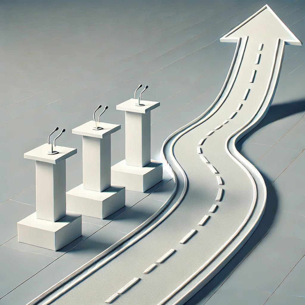 A minimalist graphic similar to an illustration with podiums lined up next to a road curving upward like an arrow, symbolizing pro-growth policies. The podiums do not have any words or labels, and the road represents the path of economic growth. The background is clean and simple, with no text, allowing the focus to remain on the podiums and upward arrow symbolizing missed pro-growth opportunities.