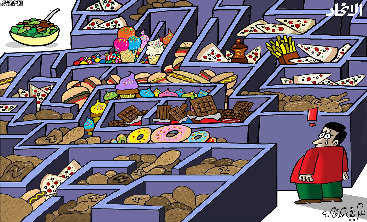 Cartoon showing a maze filled with fat and unhealthy food; at the end of the maze stands a bowl of salad; at the tart of the maze an obese man looking desperate.