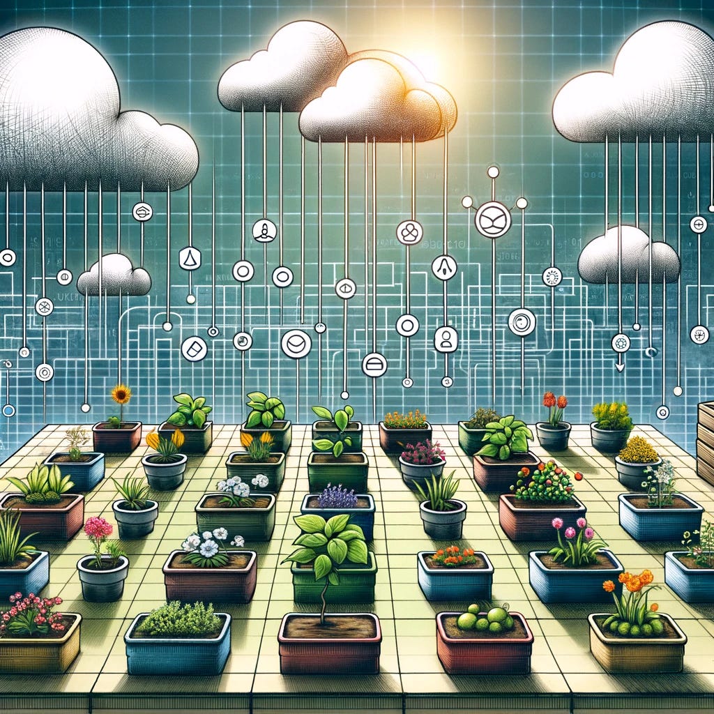 An imaginative illustration combining the concept of Kubernetes with plants. The image depicts a garden with various plants growing in organized, labeled pots, each representing a container in Kubernetes. Above each plant, a small, cloud-shaped label shows the Kubernetes logo, symbolizing the orchestration of these containers. The garden layout is structured and methodical, reflecting the efficient and systematic nature of Kubernetes. In the background, a digital grid or network pattern overlays the sky, blending the natural and technological themes.