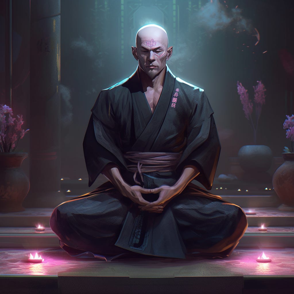 Cyberpunk zen monk meditating, full body character design