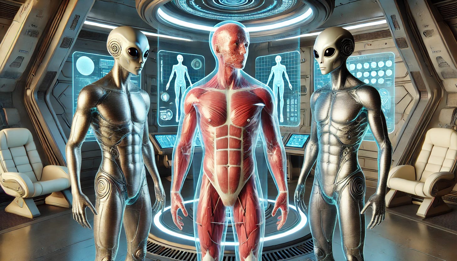 Two aliens standing in a futuristic spaceship, looking at a human who is transparent and made entirely out of visible meat. The aliens are sleek, metallic, and have an expression of bewilderment and curiosity. The background shows advanced technology with screens and strange gadgets, emphasizing the futuristic setting.
