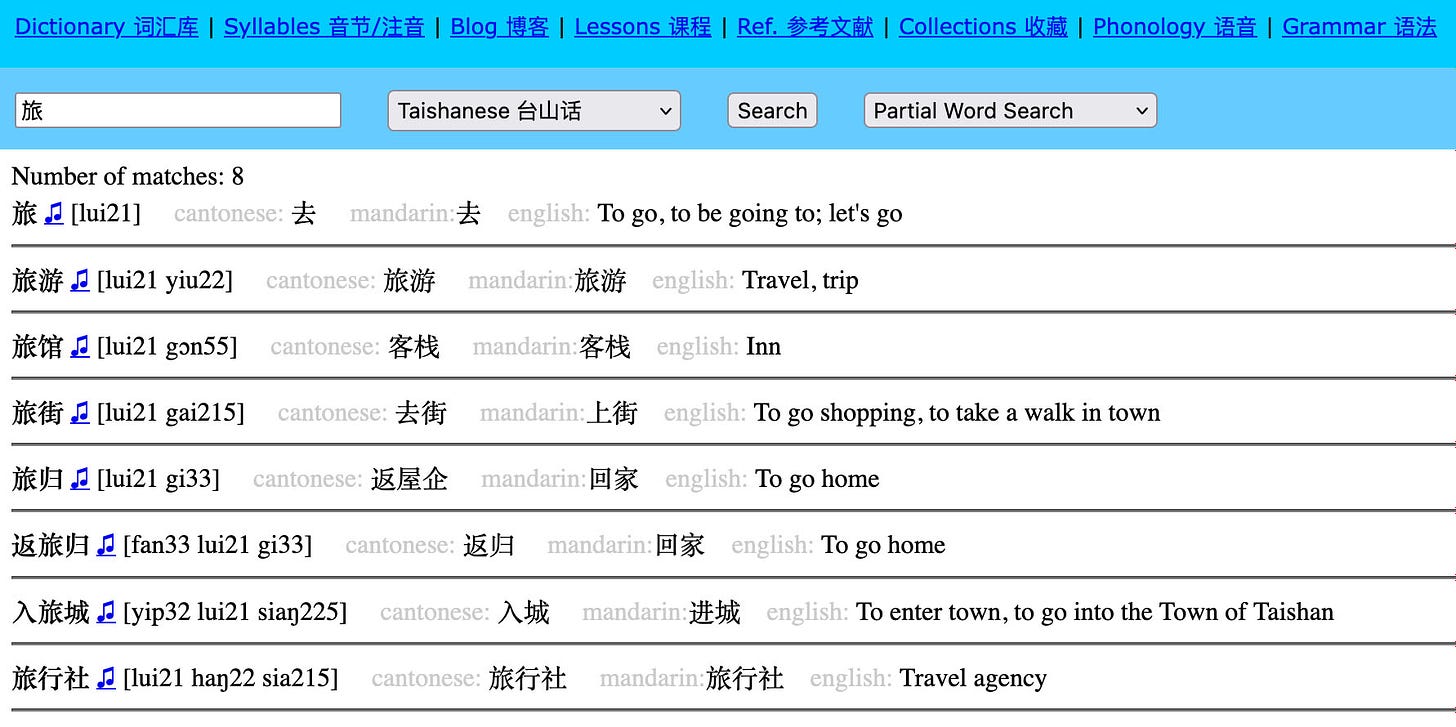 A screenshot of the Taishanese Language Home showing the results from looking up 旅. The site shows the defintion and phonetics for the character by itself as well as any words/phrases that include the character.