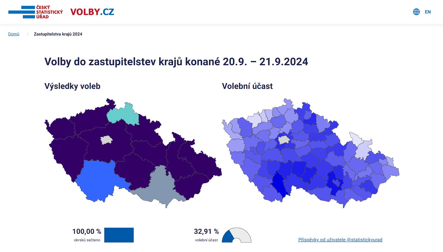 Otisk obrazovky webu volby.cz s výsledky voleb do zastupitelstev krajů 2024