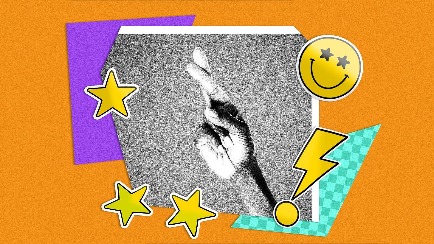 Illustration of a collage including a photo of a hand crossing its fingers, and stickers of a smiley face with star eyes, an exclamation point made of lightning and stars.