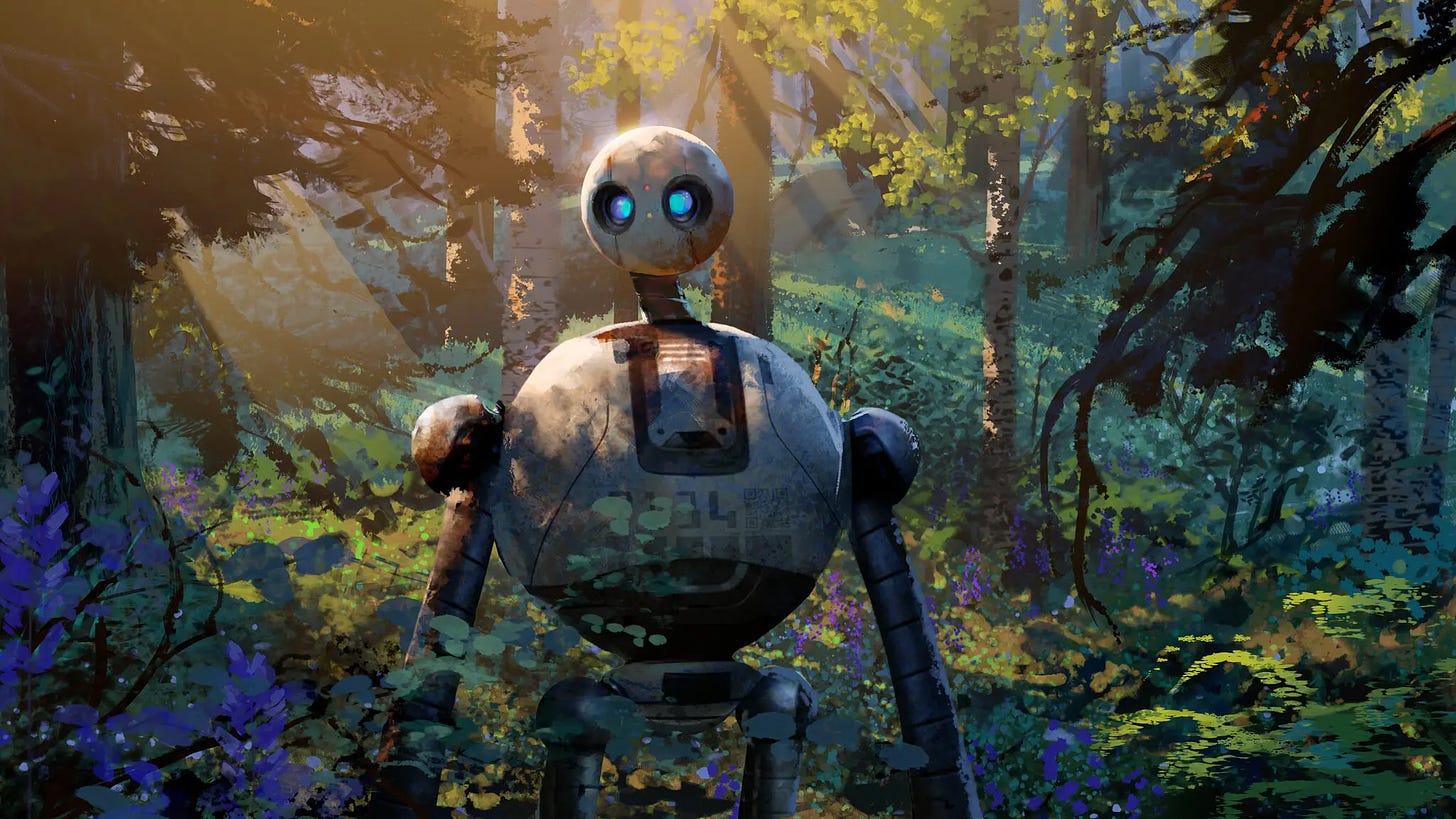 Digital illustration of a humanoid robot walking in dappled light in a dense forest