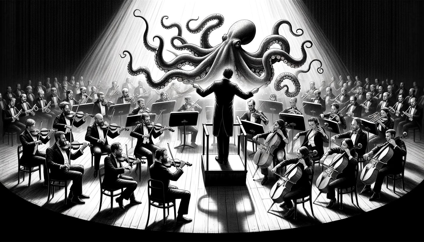 Imagine an orchestra on stage under a spotlight, with musicians dressed in formal attire, playing a variety of classical instruments like violins, cellos, flutes, and trumpets. In the center, instead of a human conductor, there's an octopus, full of charisma and grace, skillfully using its tentacles to lead the orchestra. The entire scene is hand-drawn with a limited palette of black, white, and shades of blue, creating a stunning visual contrast. The atmosphere is one of enchantment and surrealism, as the octopus maestro passionately guides the musicians through a mesmerizing performance.