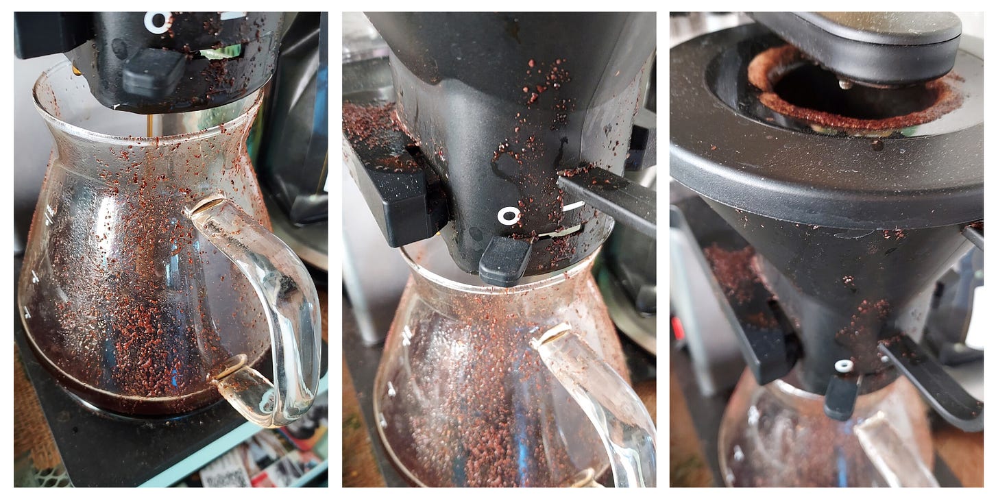Close-ups of coffee grinds and coffee spilling over the side of a coffee brewer onto the coffee pot below.