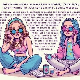 Zoë Fluck and Chloe Zuck  were always partying sober,  tanning in the summer  but never getting their makeup  to look good.  When Zoë had a breakdown  during an autumnal equinox,  (she went to bed and just stayed  there for a couple weeks),  Chloe was regularly seen  Novocaine-faced,  lounging in big baggy pants and  wearing colored contacts that felt  like little metal Frisbees.  The day Zoë finally got Chloe  on the phone,  their conversation was clearly  from the unconscio