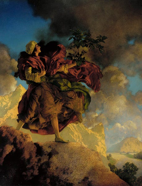A scene from Princess Parizade where she finds the magic tree that will make her garden perfect. She is dressed in flowing fabric and standing on a big rocky cliff with clouds swirling in the background.
