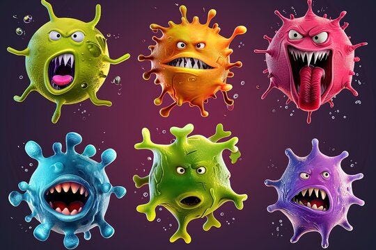 Viruses, bacteria with grimaces in cartoon style