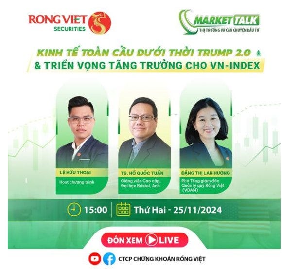 May be an image of 3 people and text that says "RONGVIET SECURITIES MARKET TALK VÀ CẦU ΗΩγΕΝ เลิม TƯ KINH TẾ TOÀN CẦU DƯỚI THỜI TRUMP 2.0 & TRIỂN VỌNG TĂNG TRƯỞNG CHO VN-INDEX LÊHUUTHOAI LÊ HỮU THOẠI Host Hostchương chương trình TS. QUỐC TUẨN Giảng viên Cpo cốp, Dạihoc Bristol, Anh ĐÃNG HLANHUƠN LAN HƯƠNG Phổ Tống giái giám เ6ด Quảny (VDAM) qui ุน) quy Rồng Việt 15:00 Thứ ThứHai Hai 25/11/2024 ĐÓN XEM LIVE CTCP CHỨNG KHOÁN CP RÓNGVIỆT"