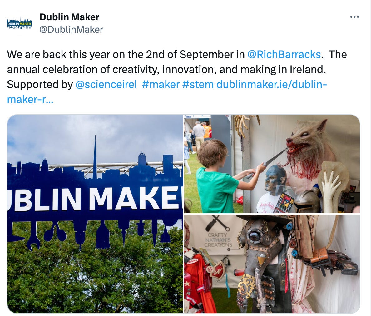 Dublin Maker Tweet about being back on Sep 2 at Richmond Barracks