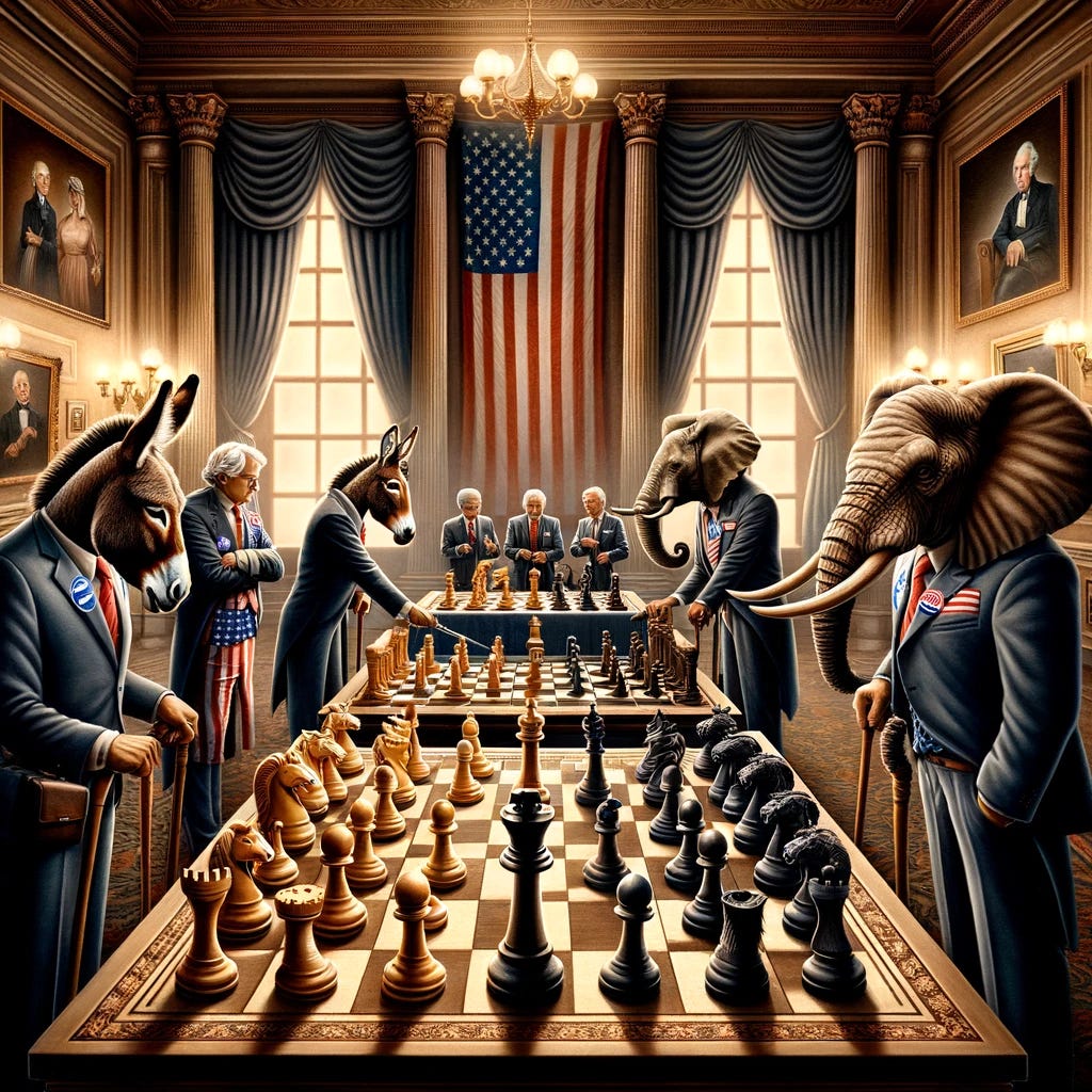 An illustrative representation of US politics, featuring symbolic figures for the Democrats and Republicans engaged in a chess game. The setting is a grand, opulent room, reminiscent of historical importance, with a large, intricately designed chessboard placed at the center. The chess pieces are creatively designed to reflect key symbols of each party: the Democrats are represented by donkeys, wearing glasses and carrying briefcases, symbolizing their political strategies and policies, while the Republicans are represented by elephants, adorned with business suits and ties, representing their conservative values and economic focus. The figures are positioned on the chessboard, locked in a strategic game, implying the tactical nature of political battles and decision-making. The background of the room is filled with American flags, portraits of historical figures, and other patriotic symbols, emphasizing the theme of national identity and governance. The lighting is dramatic, focusing on the chessboard, highlighting the tension and concentration of the symbolic figures. Drawn with: a detailed and symbolic style, emphasizing the allegorical nature of the representation and the complexity of political interactions.