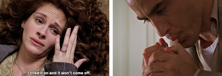 Two images from "My Best Friend's Wedding" side-by-side.   The image on the left shows Julianne lying on the ground holding her hand up to show a wedding ring on her finger. Text on the image reads "I tried it on and it won't come off."  The image on the right shows Michael sucking Julianne's finger to remove the ring.