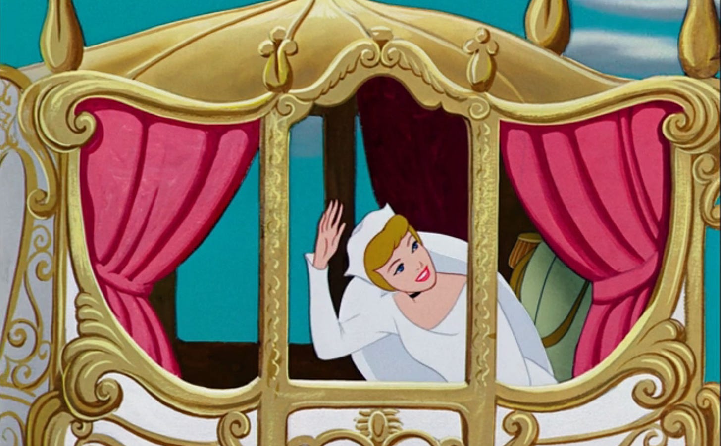 Still from the final scene of 1950 animated film Cinderella. The princess waves from her wedding carriage. In the background, hidden by a curtain, her new husband