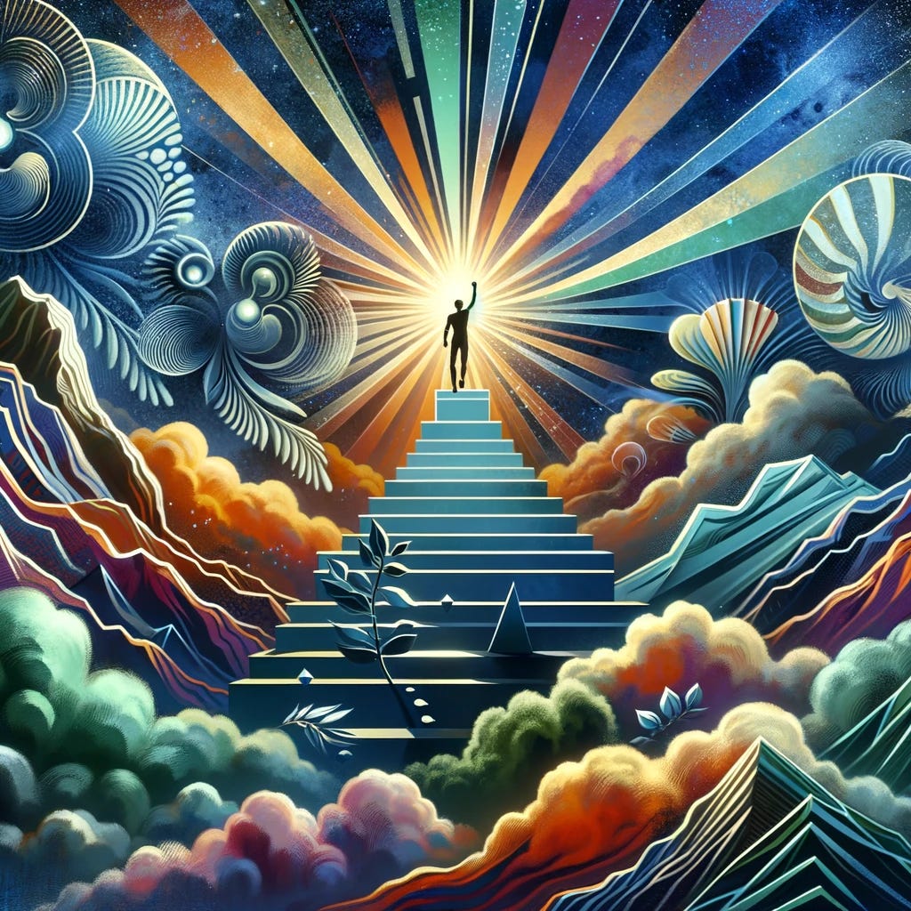 Create a visual representation of achievement and personal growth within the context of a health and nutrition practitioner's exploration of psychedelics, focusing on the theme of proud vulnerability. Imagine an abstract design that symbolizes reaching a pinnacle of success. This could include a figure standing atop a metaphorical podium or mountain, arms raised in triumph, surrounded by elements that symbolize knowledge, enlightenment, and the overcoming of personal challenges. The background should reflect a journey from struggle to achievement, possibly incorporating symbolic representations like ascending steps or a light illuminating the path to success, devoid of natural elements like clouds or forests, to emphasize the internal and professional journey.
