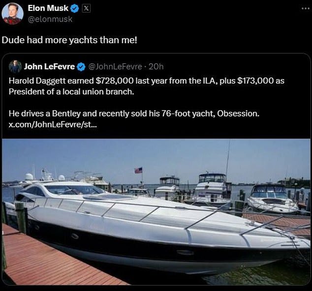 Tech boss Elon Musk and others have highlighted Dagget's lavish lifestyle of luxury cars and a yacht. He previously owned the yacht Obsession and has been spotted driving around in Bentley's, according to The New York Times