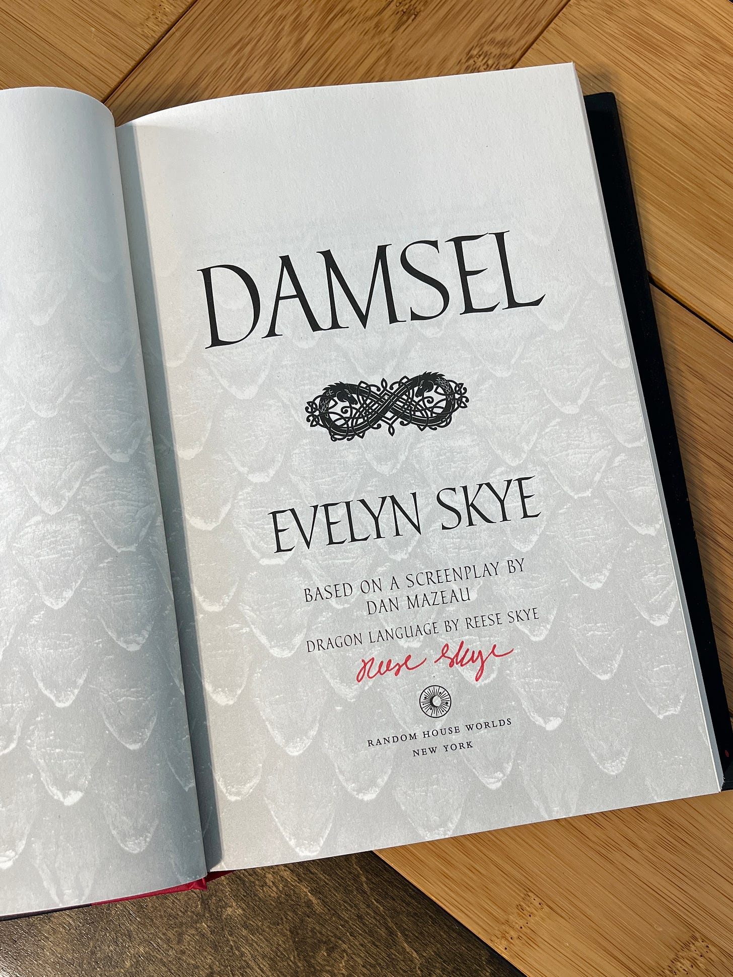 Author Evelyn Skye and daughter Reese’s name on the title page of DAMSEL