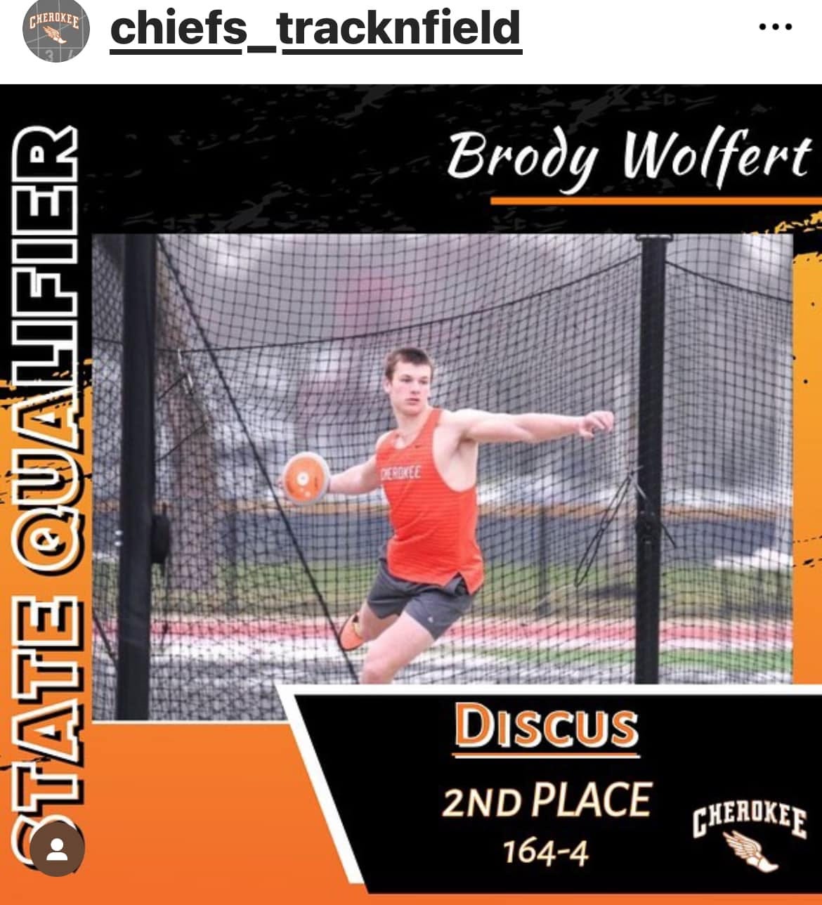 May be an image of 1 person, track and field, frisbee and text that says 'CHERSKEE chiefs chiefs_tracknfield … Brody Wolfert DEROKEE ASN TAT DISCUS 2ND PLACE 164-4 CHEROKEE'