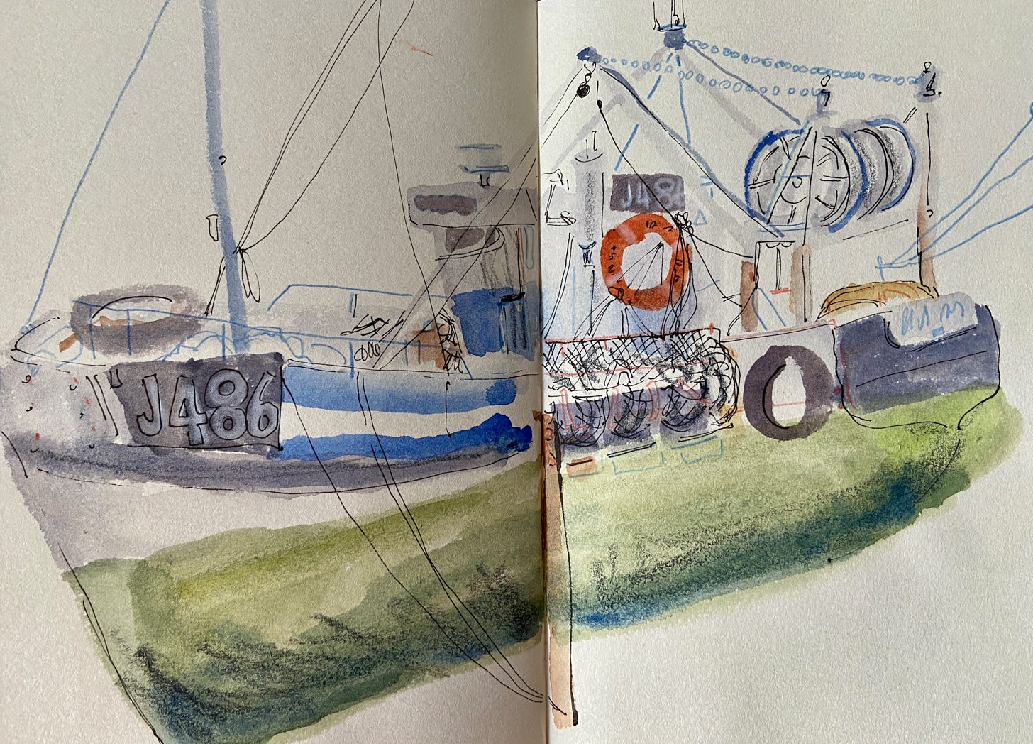 Watercolour and ink painting of a blue and green boat in dry harbour