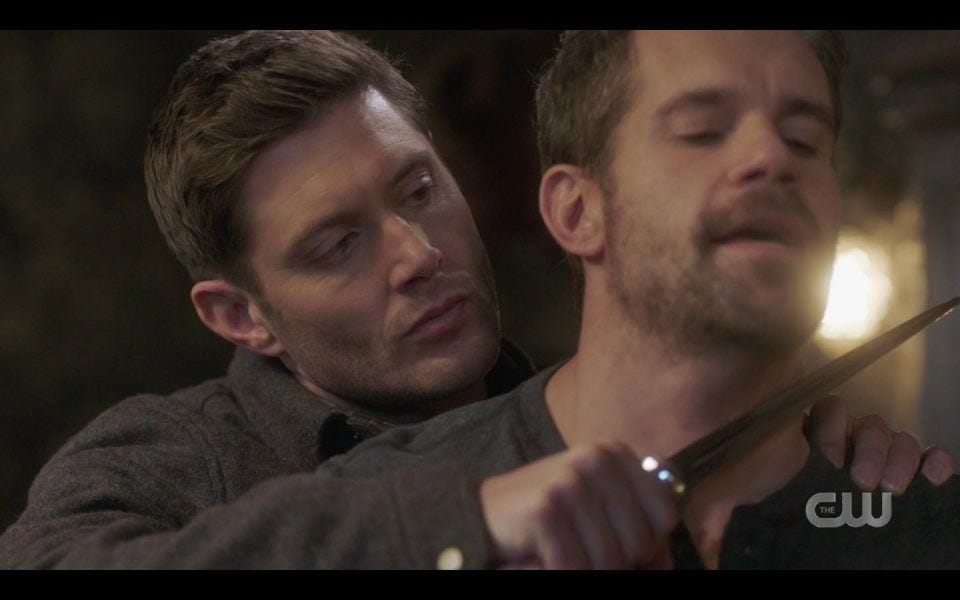 Dean Winchester holding knife to Pax throat SPN