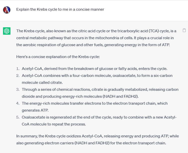 picture of prompt asking about the Krebs cycle concisely