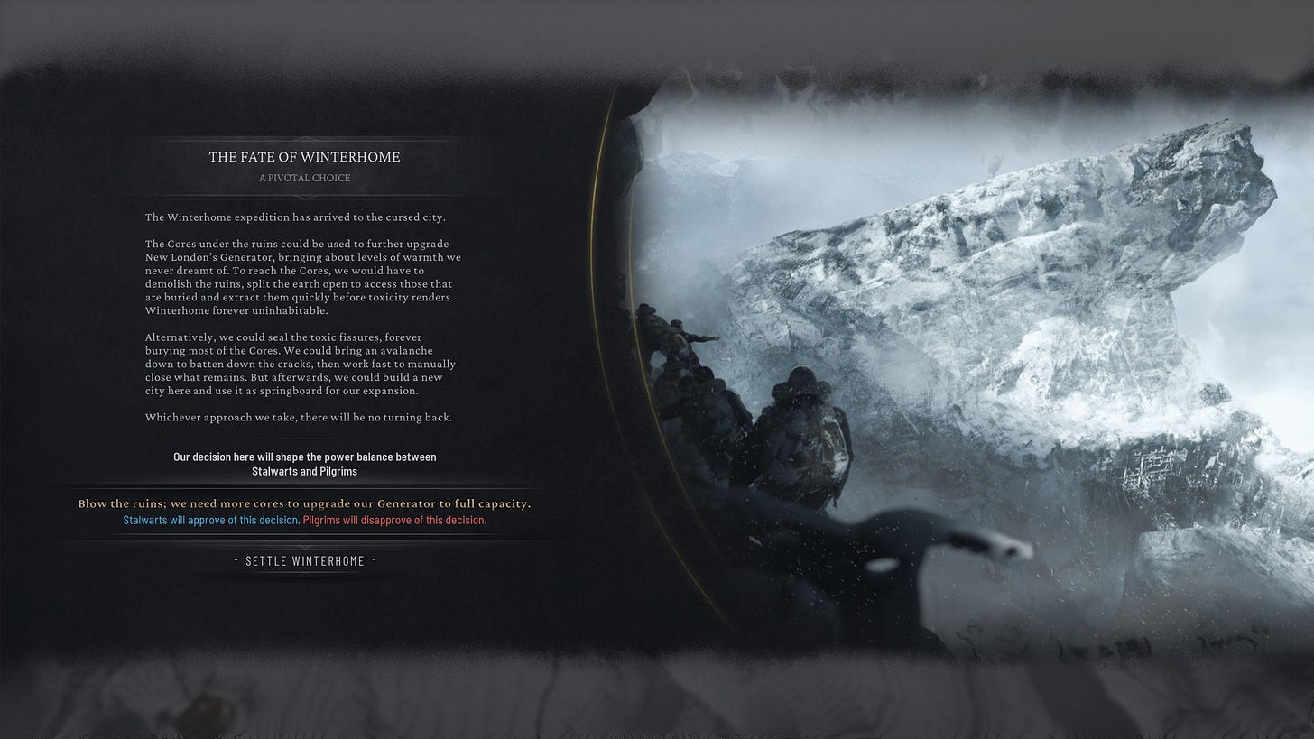 A screenshot of Frostpunk 2 showing a narrative screen displaying two options for the player.