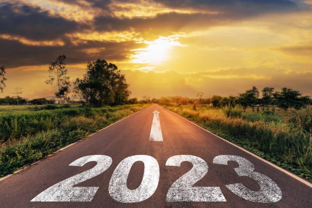 Empty Asphalt Road And New Year 2023 Concept Driving On An Empty Road To  Goals 2023 With Sunset Stock Photo - Download Image Now - iStock