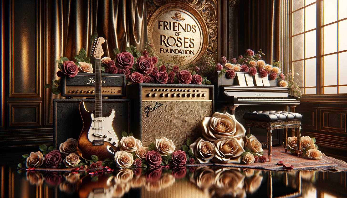 Design another landscape-oriented image that deeply embodies skeuomorphism, showcasing a guitar amplifier and a Fender Rhodes electric piano surrounded by roses to highlight the 'Friends of Roses Foundation'. This version intensifies the skeuomorphic design principles, with a focus on realism and textures that mimic real-life materials. The scene is set in an opulent music studio, where every element, from the velvety petals of the roses to the intricate details on the piano and amplifier, is rendered with a hyper-realistic approach. Reflective surfaces, metallic finishes, and the tactile quality of materials are emphasized to create a visually rich, engaging experience. The sign 'Friends of Roses Foundation' is intricately designed, blending seamlessly with the luxurious aesthetic of the scene.