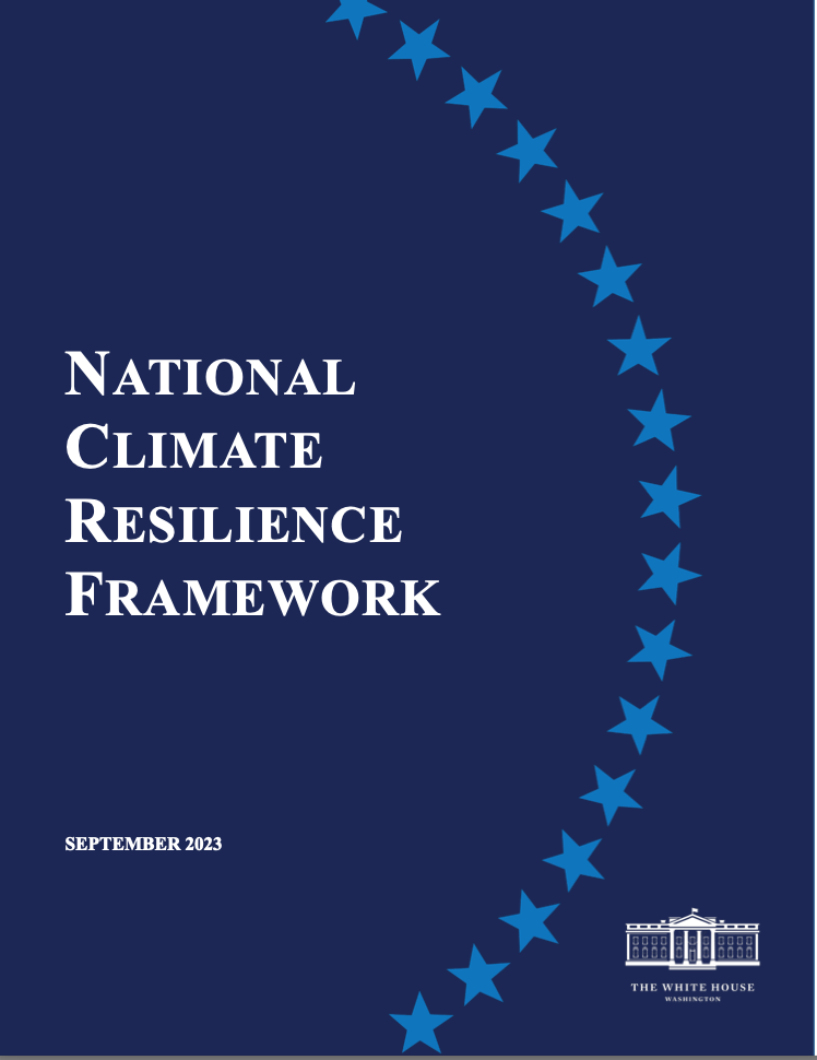 Blue report cover stating: "National Climate Resilience Framework - September 2023 - The White House"