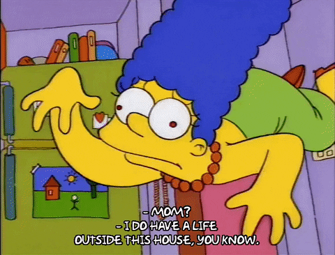Animated GIF from The Simpsons of Marge Simpson floating with fangs and the caption says: "Mom?" "I dont have a life outside of this house, you know."