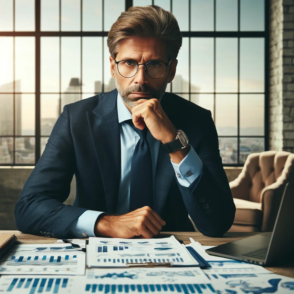 A concerned boss in an office environment, sitting at a desk with papers and a laptop, looking thoughtful and slightly stressed. The boss is a middle-aged Caucasian man, wearing a formal blue suit and glasses, with his hand on his chin, surrounded by financial charts and graphs showing downward trends. The office has a large window with a view of the city skyline, reflecting a late afternoon ambiance.